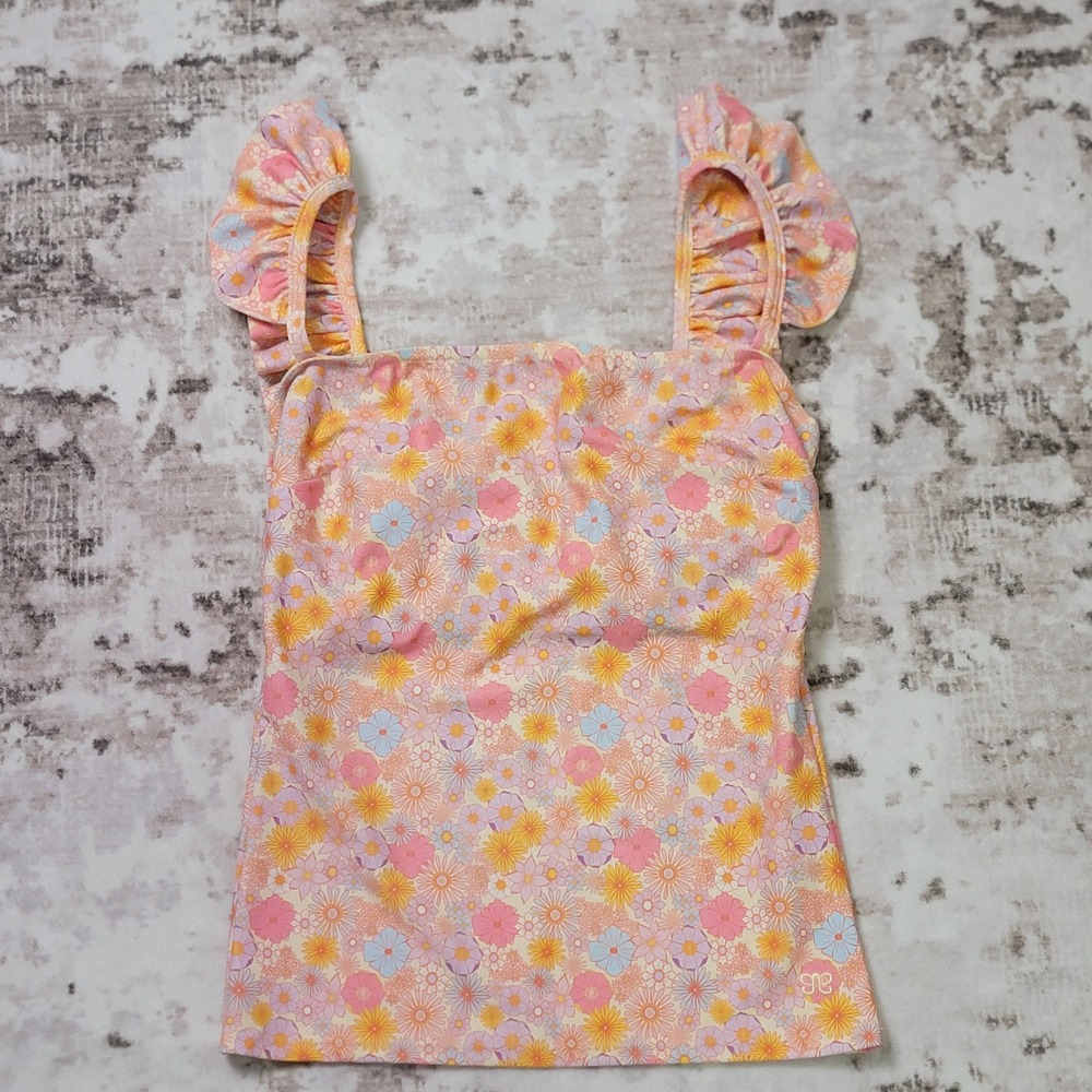 Albion Fit Ruffle Tankini Top Darling Pink Retro 70s Floral Print Women's Size M